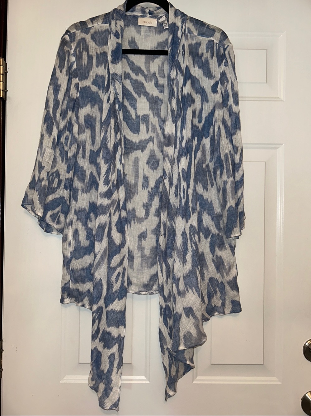 Chico’s Linen Open-Front Cardigan 2//12-14 Blue White Coastal Beach Drape Flowy